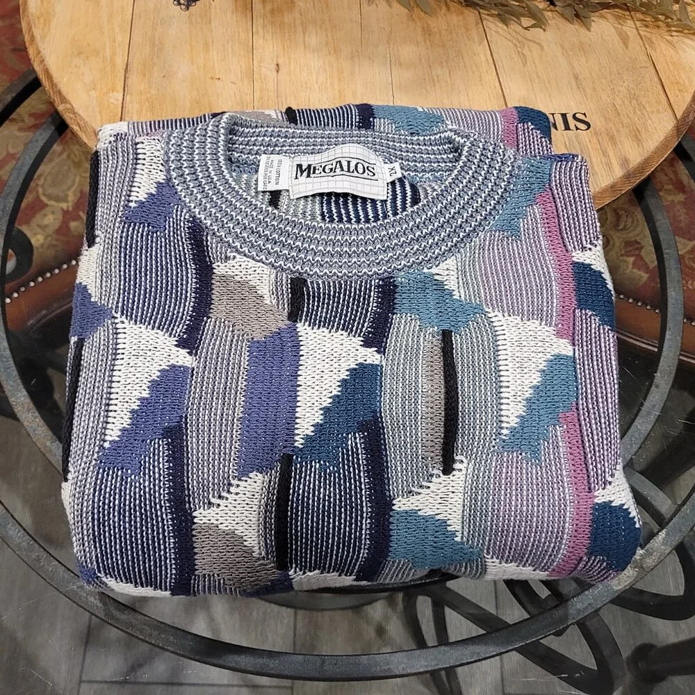 Vintage Megalos Abstract Chunky Knit Sweater Hip Hop 90's Bill Cosby 2XL